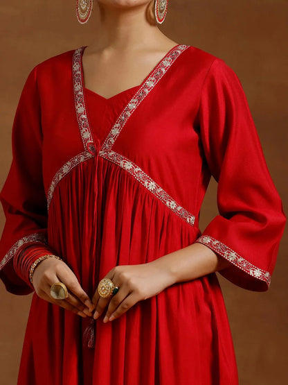 Gerua Red Solid Silk Blend A-Line Kurta With Trousers & Dupatta