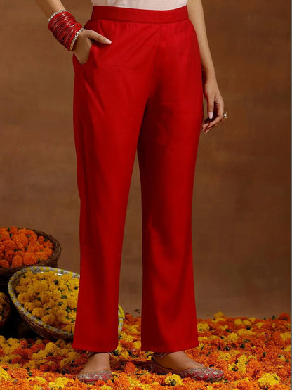 Gerua Red Solid Silk Blend A-Line Kurta With Trousers & Dupatta