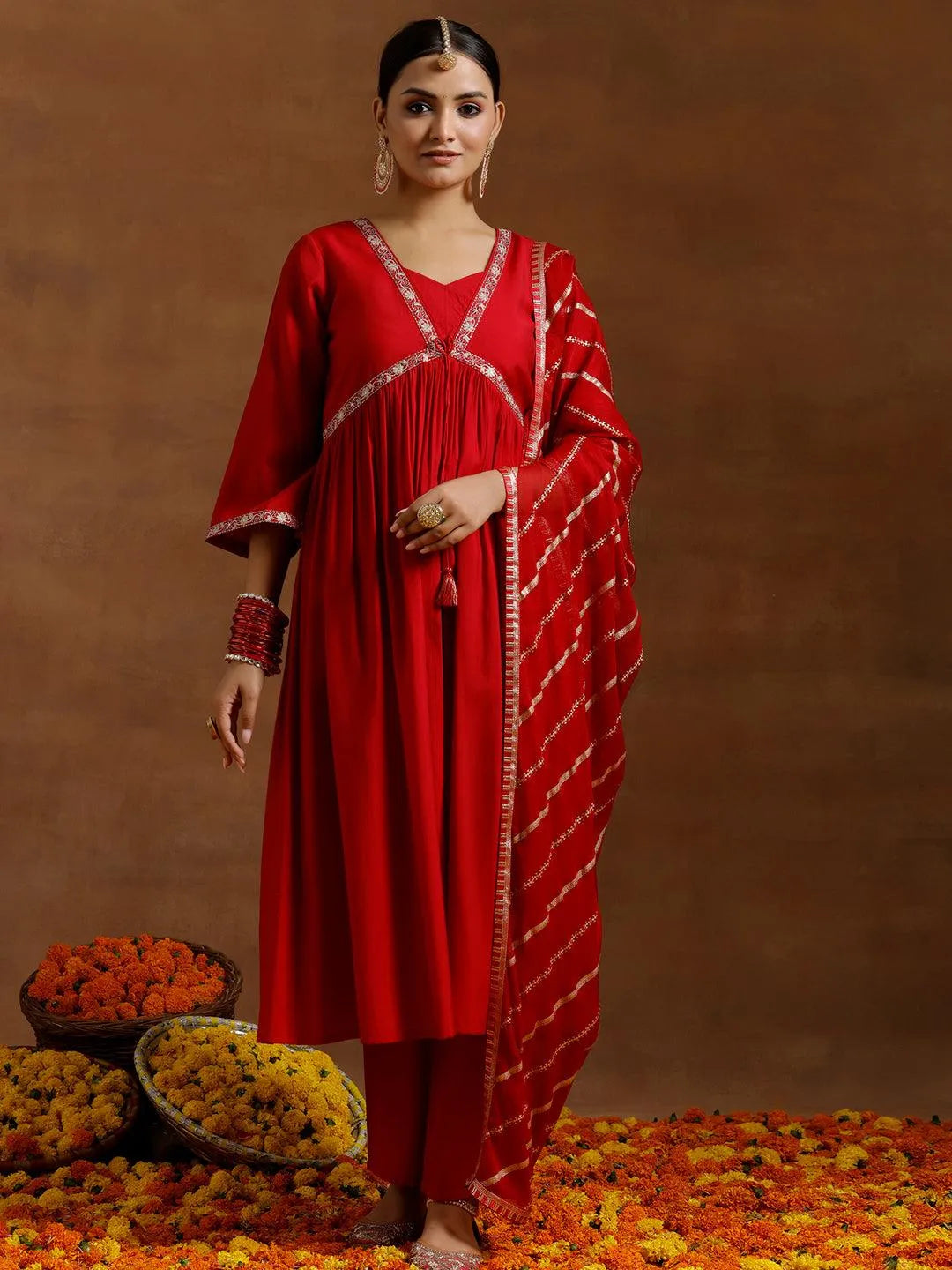Gerua Red Solid Silk Blend A-Line Kurta With Trousers & Dupatta