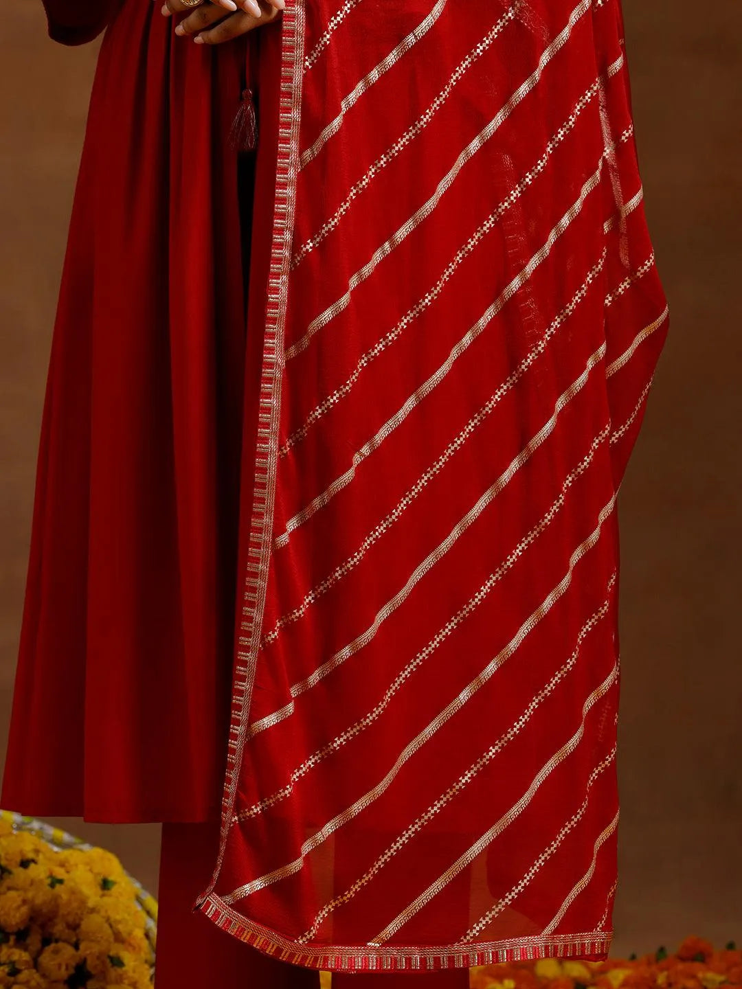 Gerua Red Solid Silk Blend A-Line Kurta With Trousers & Dupatta