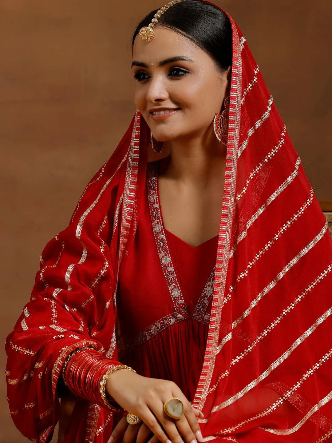 Gerua Red Solid Silk Blend A-Line Kurta With Trousers & Dupatta