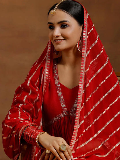Gerua Red Solid Silk Blend A-Line Kurta With Trousers & Dupatta