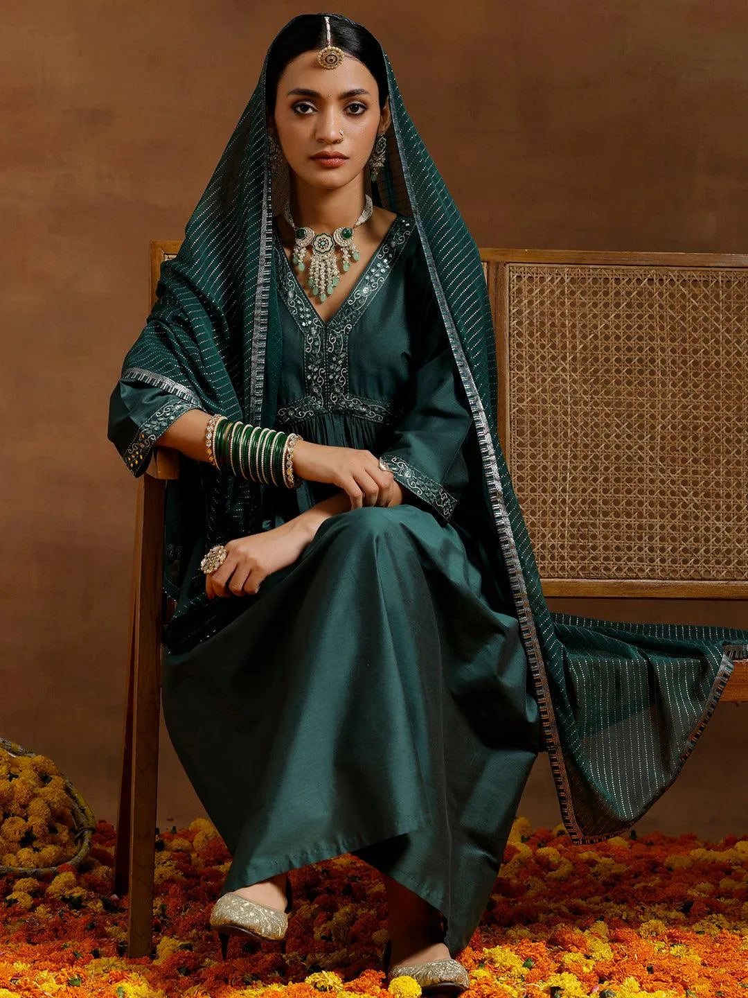 Gerua Green Solid Silk Blend A-Line Kurta With Trousers & Dupatta