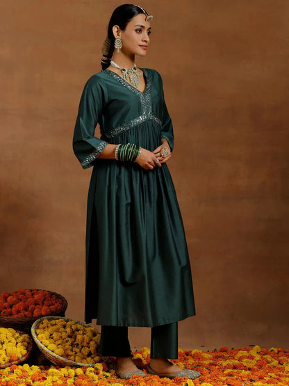 Gerua Green Solid Silk Blend A-Line Kurta With Trousers & Dupatta