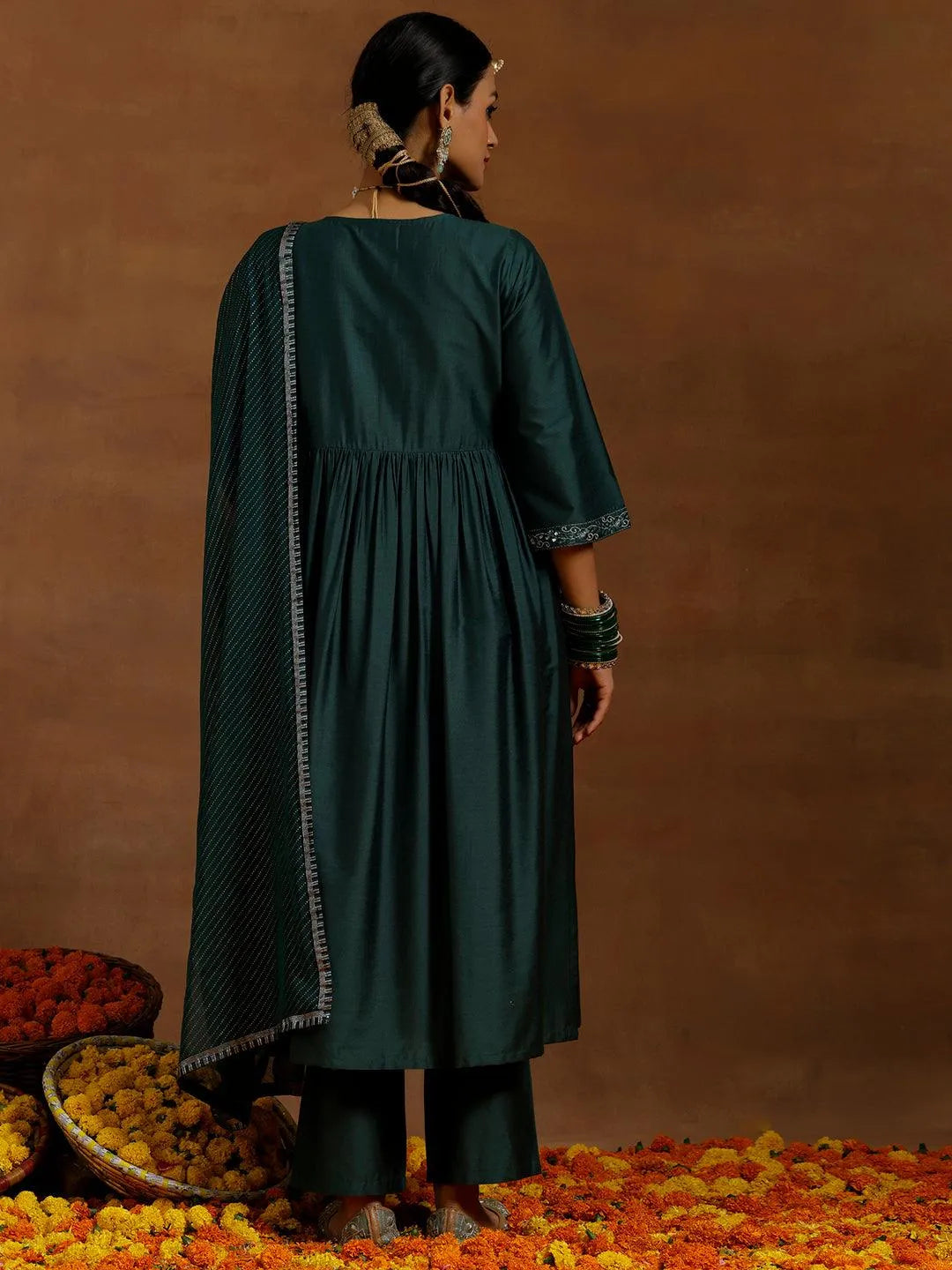 Gerua Green Solid Silk Blend A-Line Kurta With Trousers & Dupatta