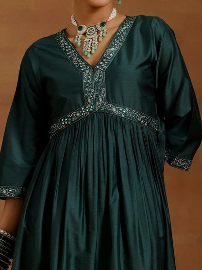 Gerua Green Solid Silk Blend A-Line Kurta With Trousers & Dupatta