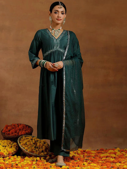 Gerua Green Solid Silk Blend A-Line Kurta With Trousers & Dupatta