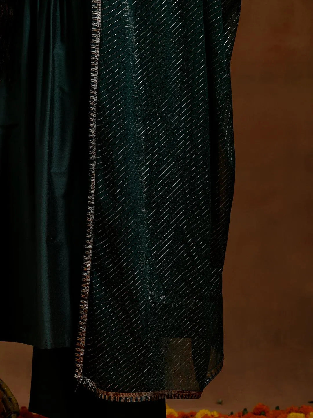 Gerua Green Solid Silk Blend A-Line Kurta With Trousers & Dupatta