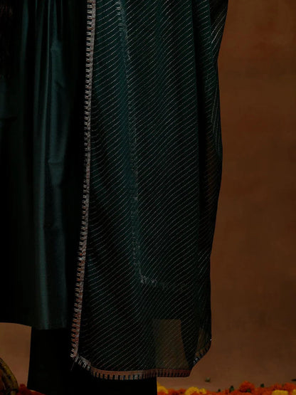 Gerua Green Solid Silk Blend A-Line Kurta With Trousers & Dupatta