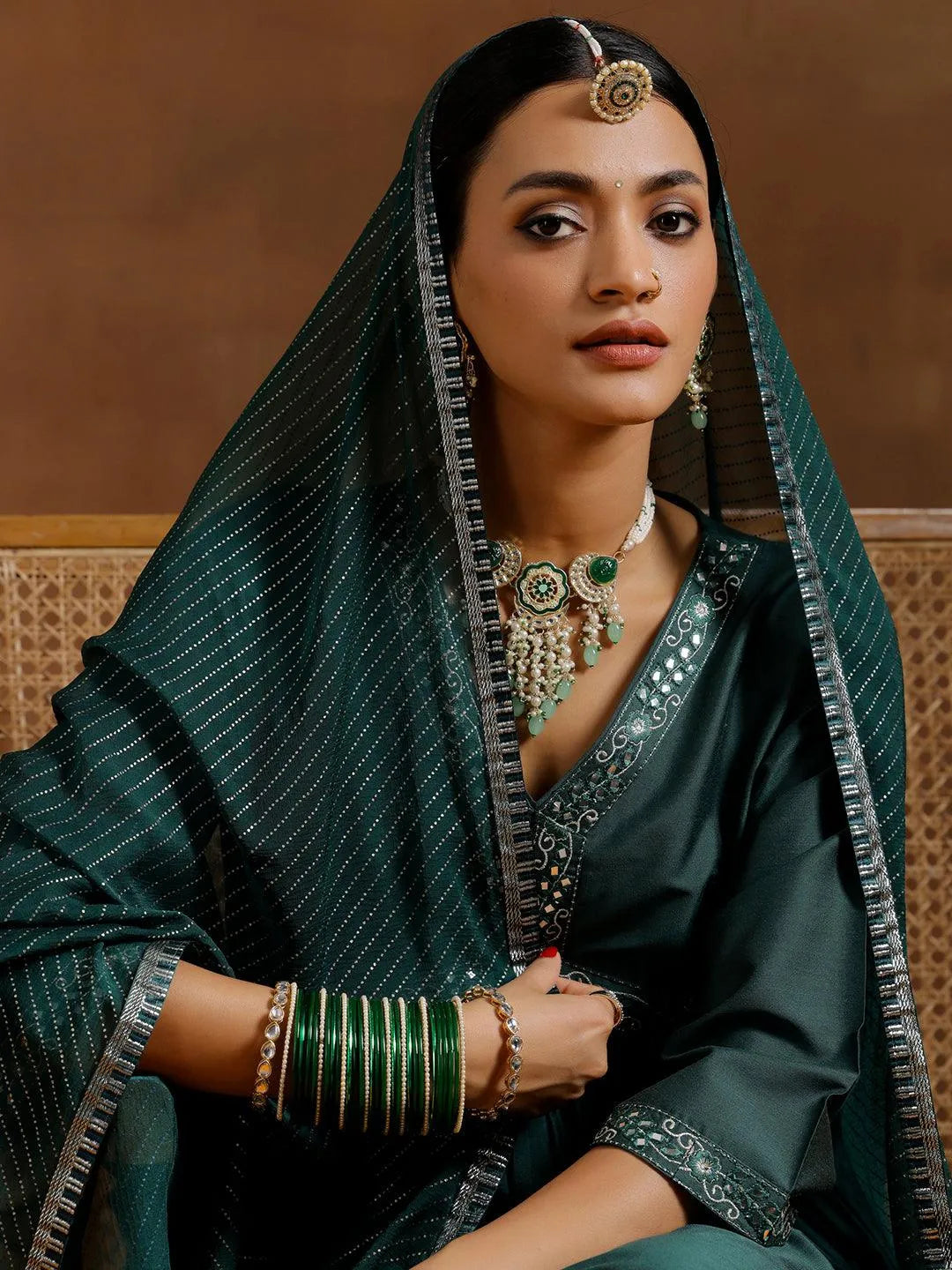 Gerua Green Solid Silk Blend A-Line Kurta With Trousers & Dupatta