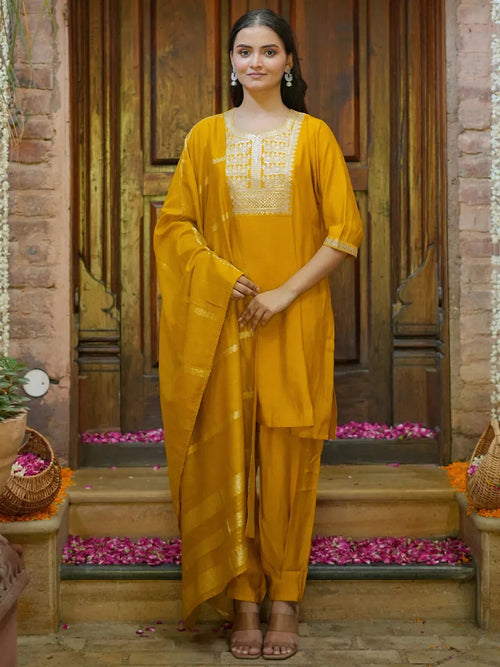 Gerua Yellow Yoke Design Silk Blend Straight Suit With Dupatta