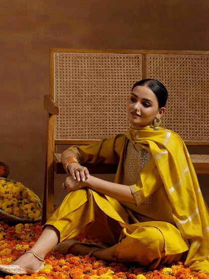 Gerua Yellow Yoke Design Silk Blend Straight Suit With Dupatta
