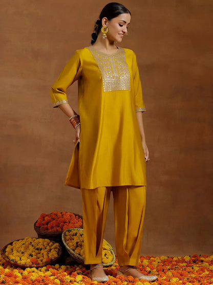 Gerua Yellow Yoke Design Silk Blend Straight Suit With Dupatta