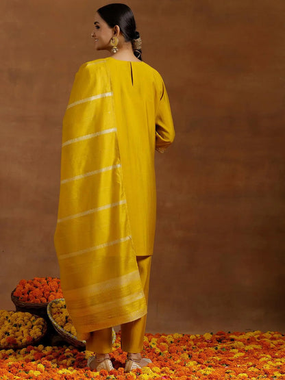 Gerua Yellow Yoke Design Silk Blend Straight Suit With Dupatta
