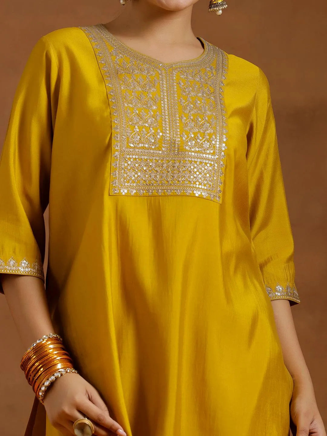 Gerua Yellow Yoke Design Silk Blend Straight Suit With Dupatta