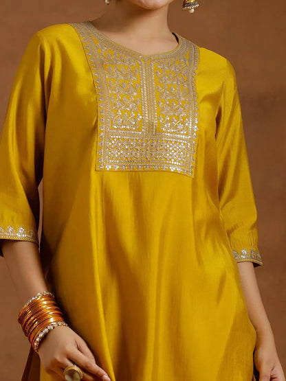 Gerua Yellow Yoke Design Silk Blend Straight Suit With Dupatta