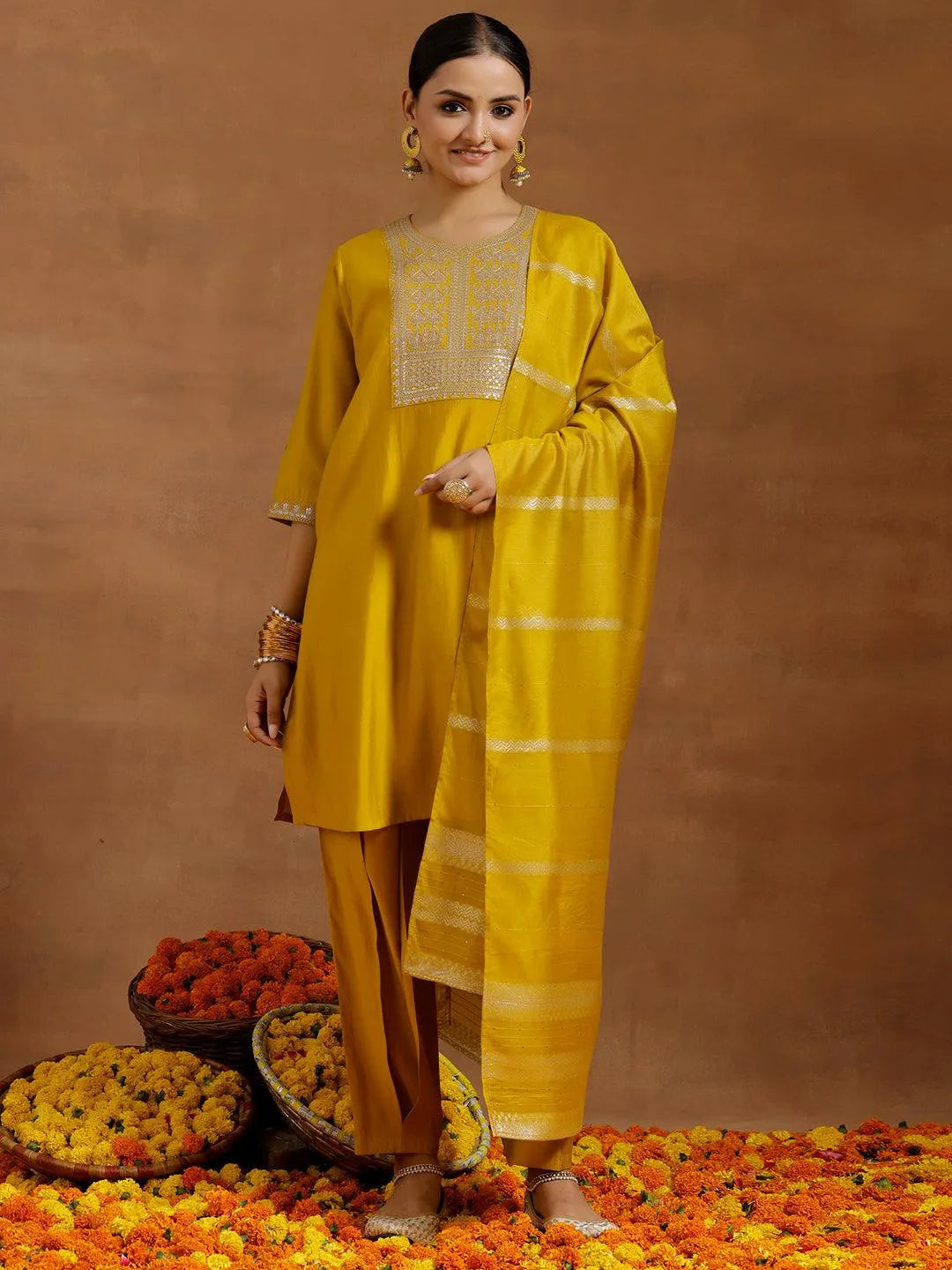 Gerua Yellow Yoke Design Silk Blend Straight Suit With Dupatta