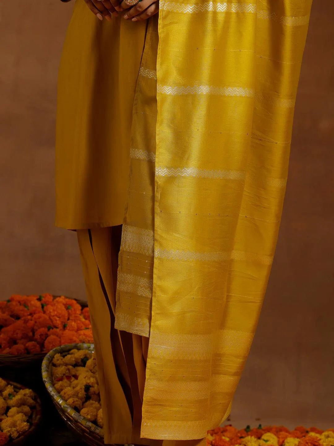 Gerua Yellow Yoke Design Silk Blend Straight Suit With Dupatta