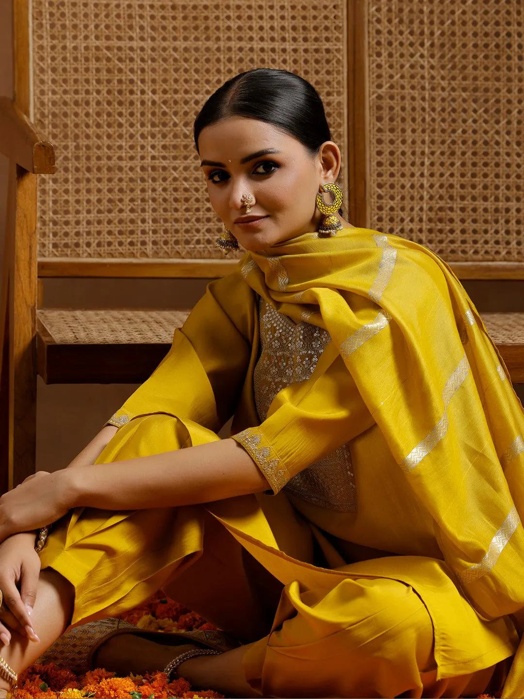 Gerua Yellow Yoke Design Silk Blend Straight Suit With Dupatta