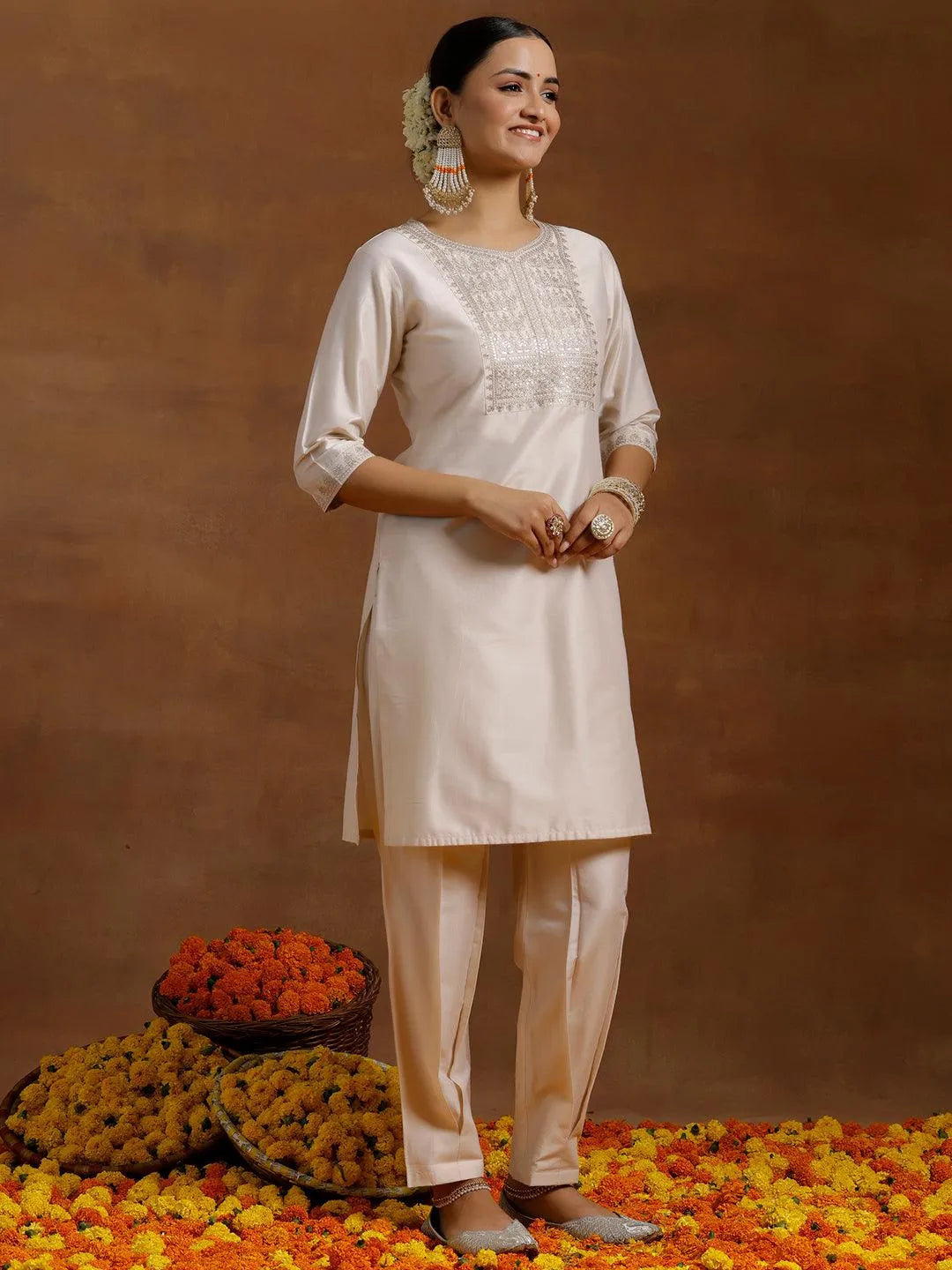 Gerua Off White Yoke Design Silk Blend Straight Suit With Dupatta
