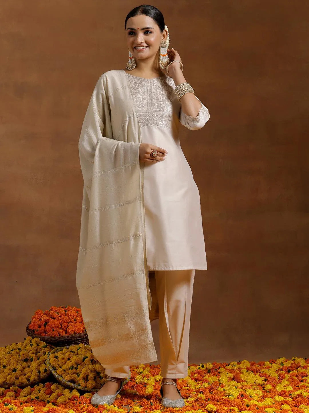 Gerua Off White Yoke Design Silk Blend Straight Suit With Dupatta