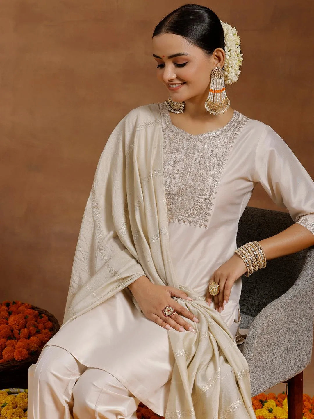 Gerua Off White Yoke Design Silk Blend Straight Suit With Dupatta