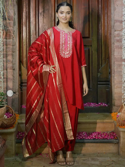 Gerua Red Yoke Design Silk Blend Straight Suit With Dupatta