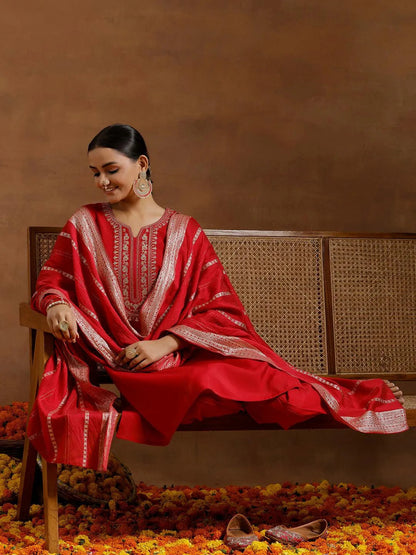 Gerua Red Yoke Design Silk Blend Straight Suit With Dupatta