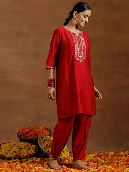 Gerua Red Yoke Design Silk Blend Straight Suit With Dupatta