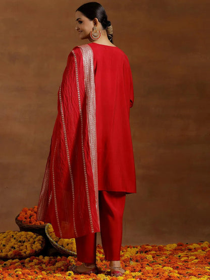 Gerua Red Yoke Design Silk Blend Straight Suit With Dupatta