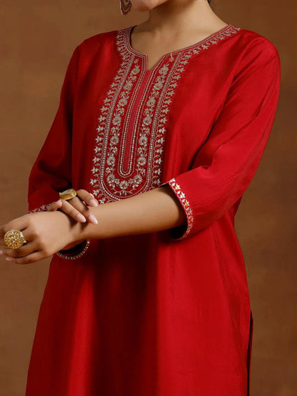 Gerua Red Yoke Design Silk Blend Straight Suit With Dupatta