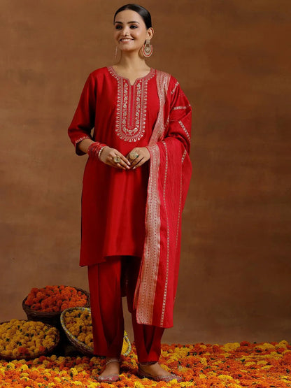 Gerua Red Yoke Design Silk Blend Straight Suit With Dupatta