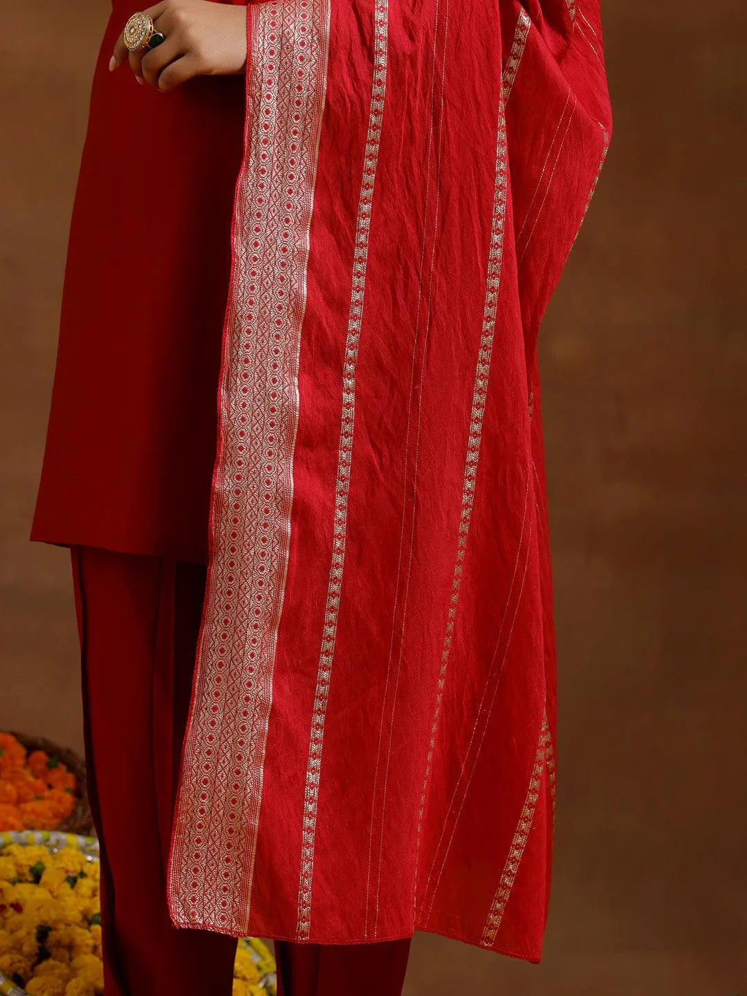 Gerua Red Yoke Design Silk Blend Straight Suit With Dupatta