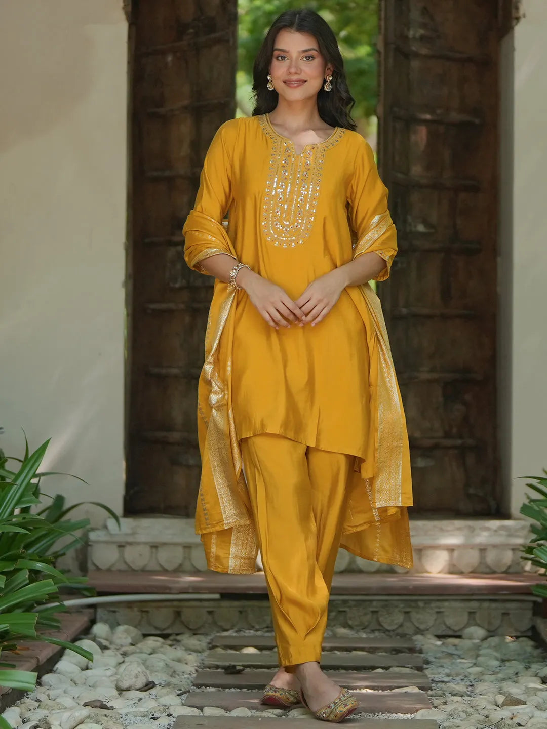 Gerua Yellow Yoke Design Silk Blend Straight Suit With Dupatta