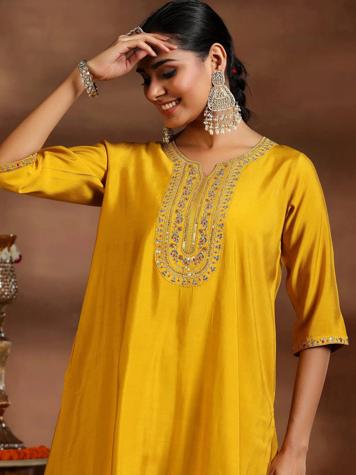 Gerua Yellow Yoke Design Silk Blend Straight Suit With Dupatta