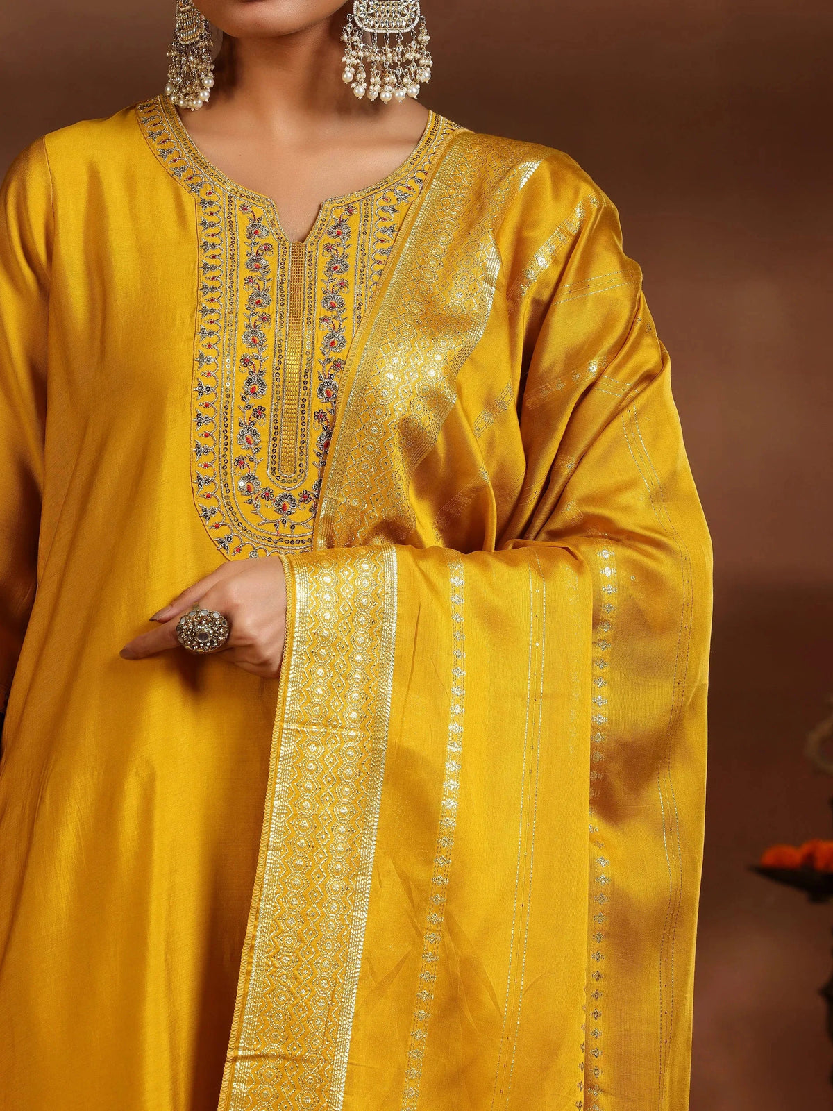 Gerua Yellow Yoke Design Silk Blend Straight Suit With Dupatta
