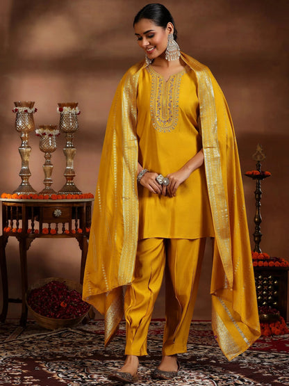 Gerua Yellow Yoke Design Silk Blend Straight Suit With Dupatta