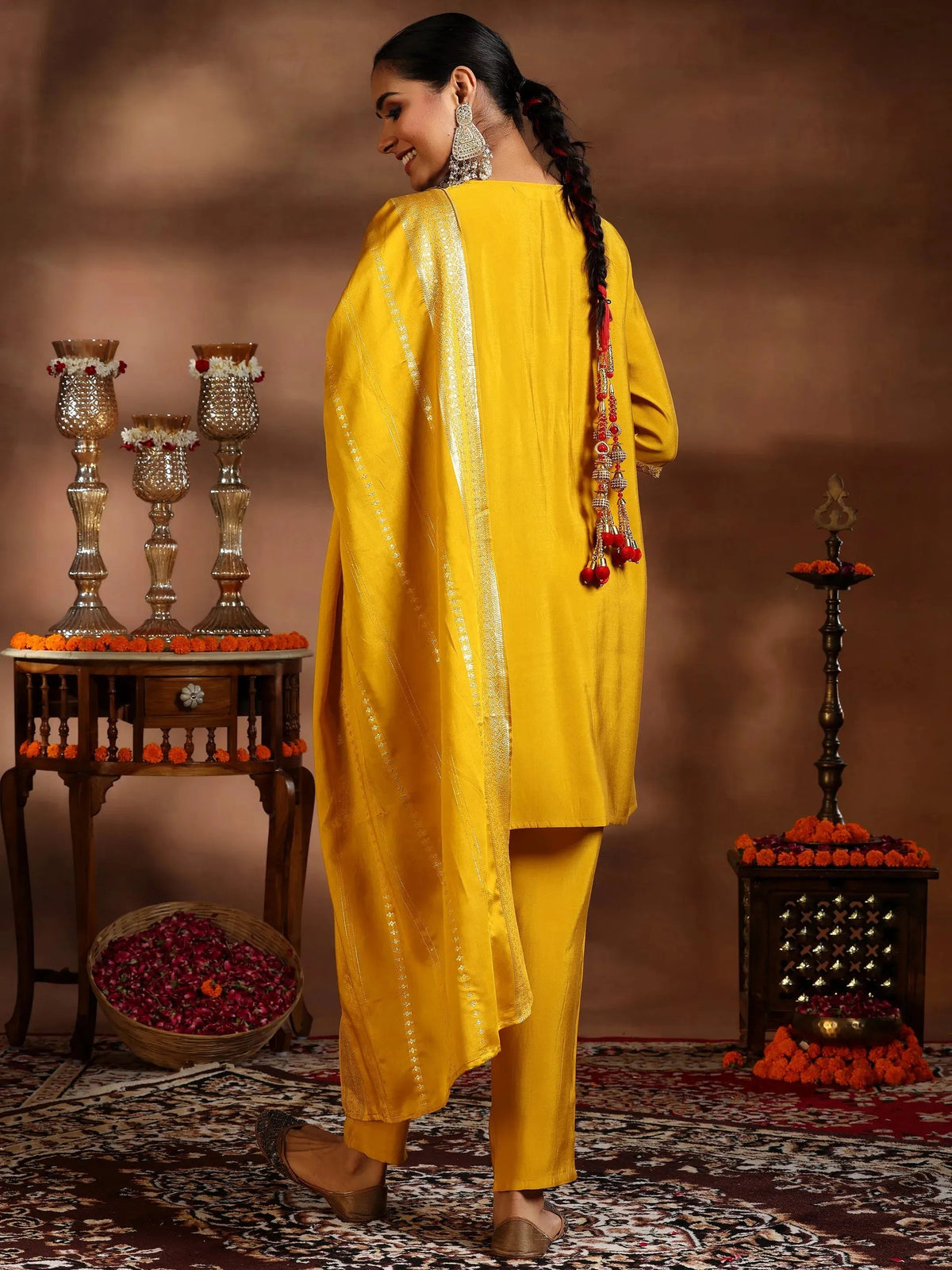 Gerua Yellow Yoke Design Silk Blend Straight Suit With Dupatta