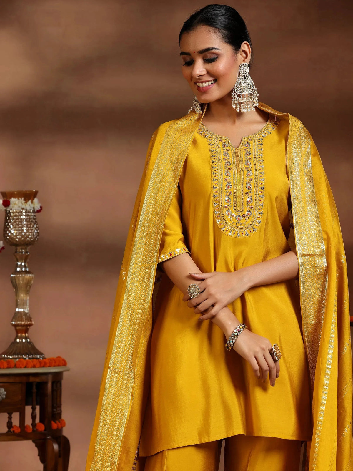Gerua Yellow Yoke Design Silk Blend Straight Suit With Dupatta