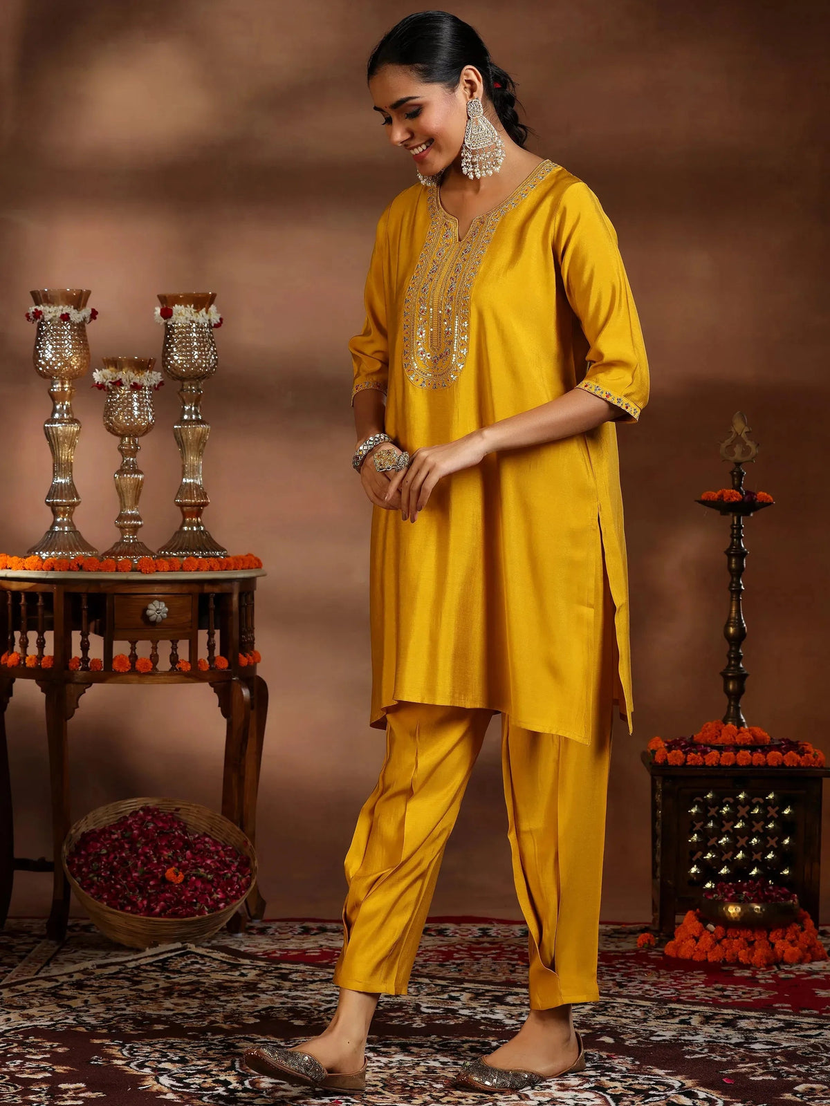 Gerua Yellow Yoke Design Silk Blend Straight Suit With Dupatta