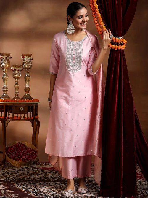 Gerua Pink Embroidered Silk Blend Straight Suit With Dupatta
