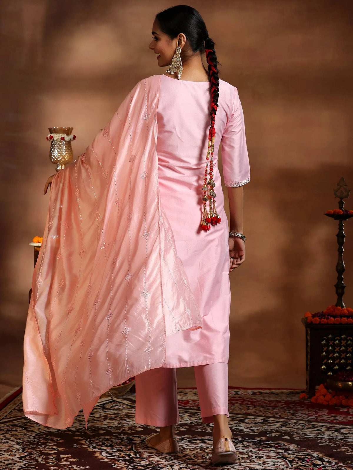 Gerua Pink Embroidered Silk Blend Straight Suit With Dupatta