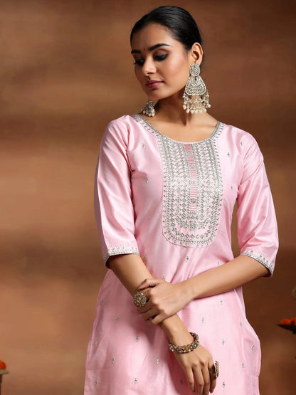 Gerua Pink Embroidered Silk Blend Straight Suit With Dupatta