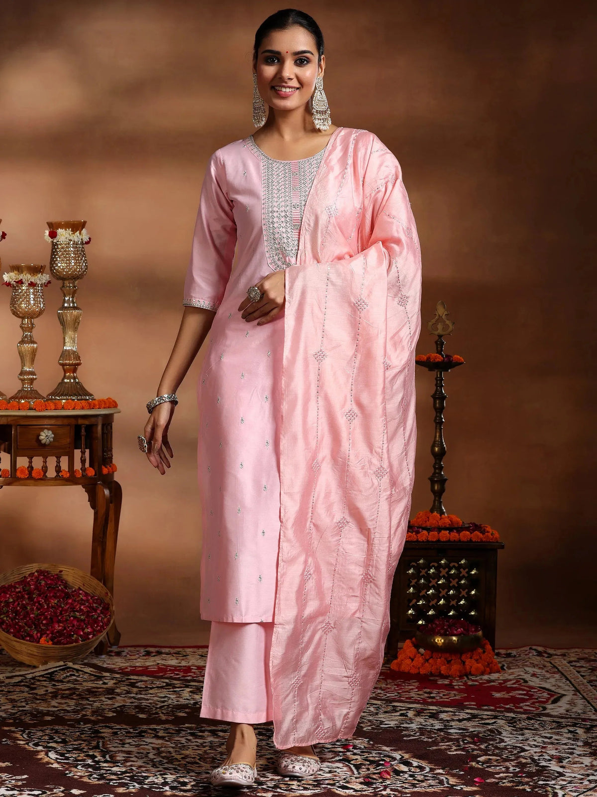 Gerua Pink Embroidered Silk Blend Straight Suit With Dupatta