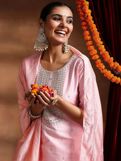 Gerua Pink Embroidered Silk Blend Straight Suit With Dupatta