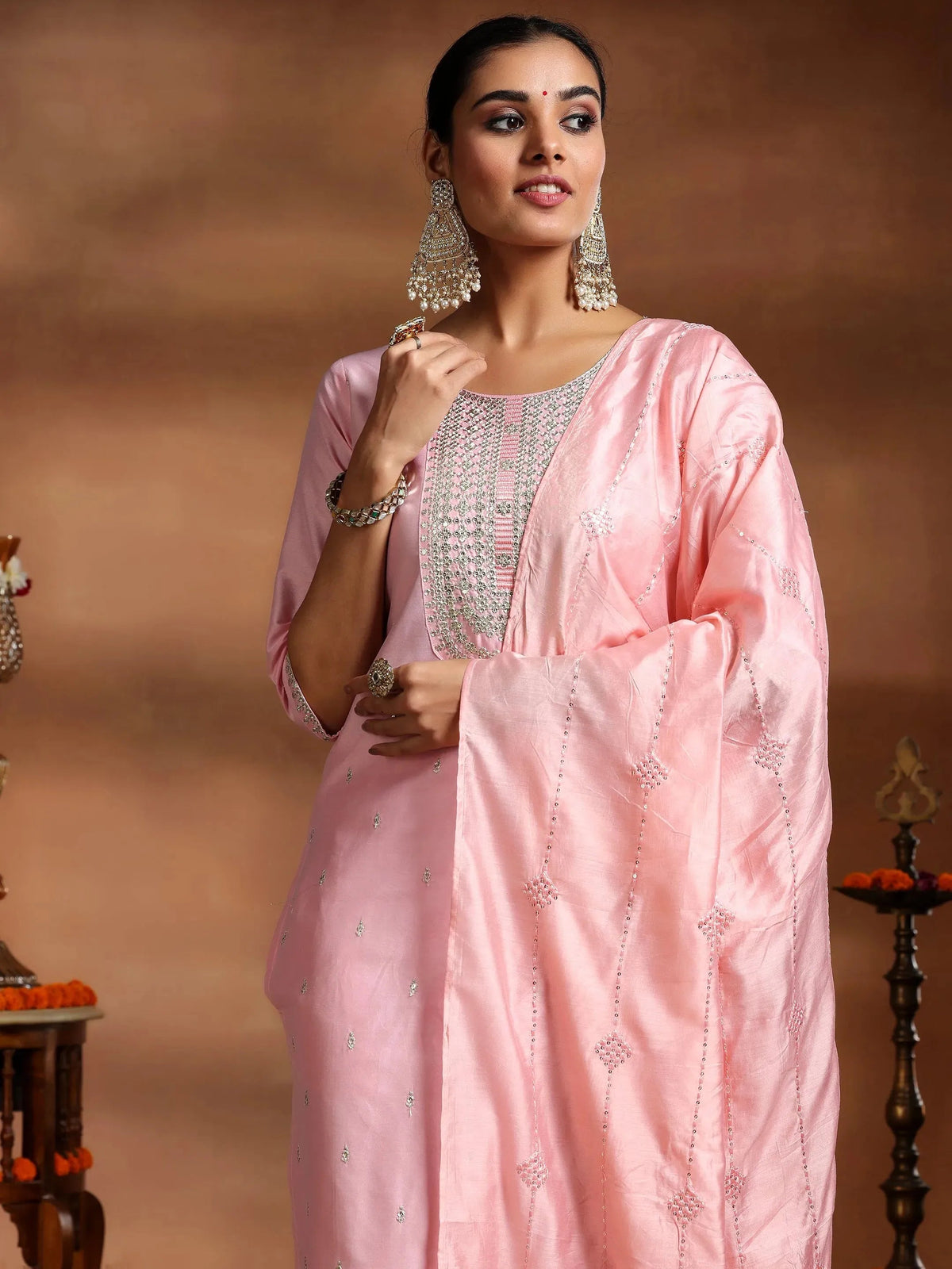 Gerua Pink Embroidered Silk Blend Straight Suit With Dupatta