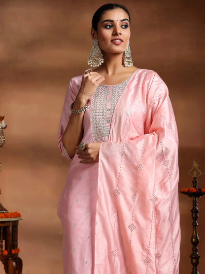 Gerua Pink Embroidered Silk Blend Straight Suit With Dupatta