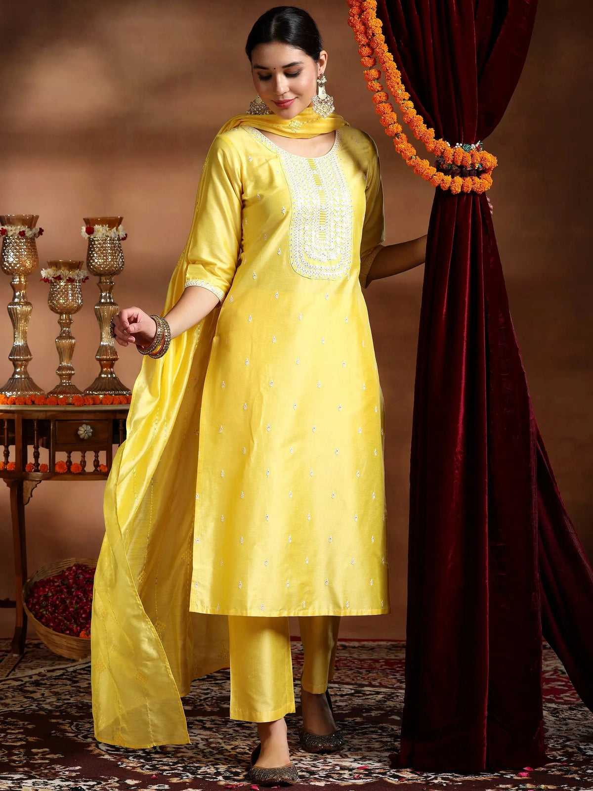 Gerua Yellow Embroidered Silk Blend Straight Suit With Dupatta