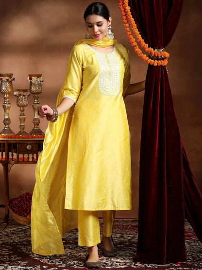 Gerua Yellow Embroidered Silk Blend Straight Suit With Dupatta