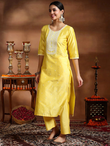 Gerua Yellow Embroidered Silk Blend Straight Suit With Dupatta